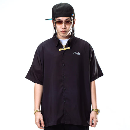Cursive Logo Button Down Polo - Black